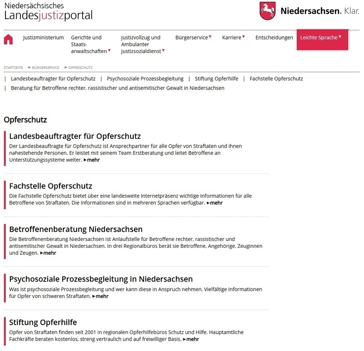 Opferschutz, Seite Niedersachsen für Opfer